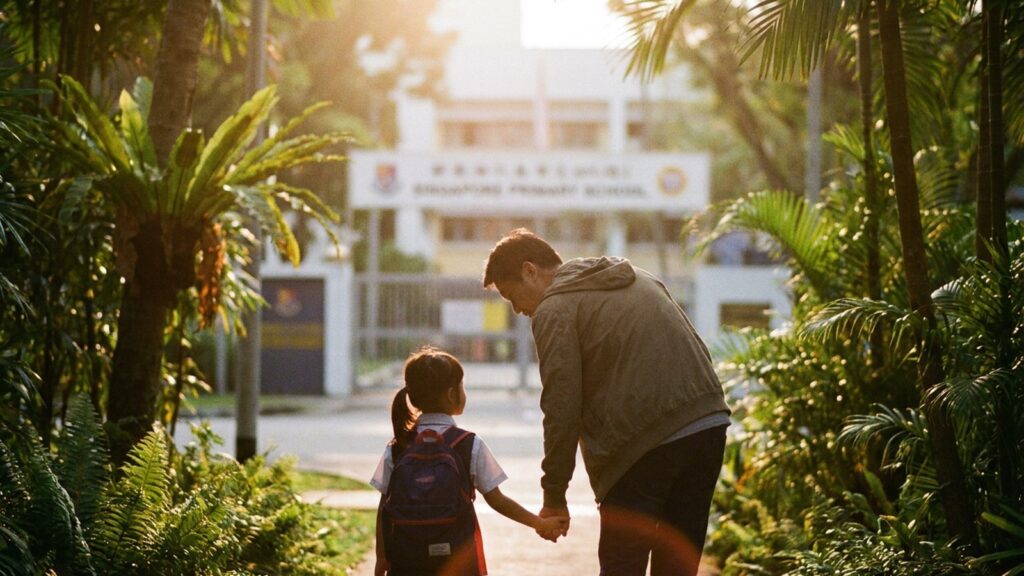 Parent and young child in school uniform holding hands, seen from behind, walking toward a primary school on a bright morning